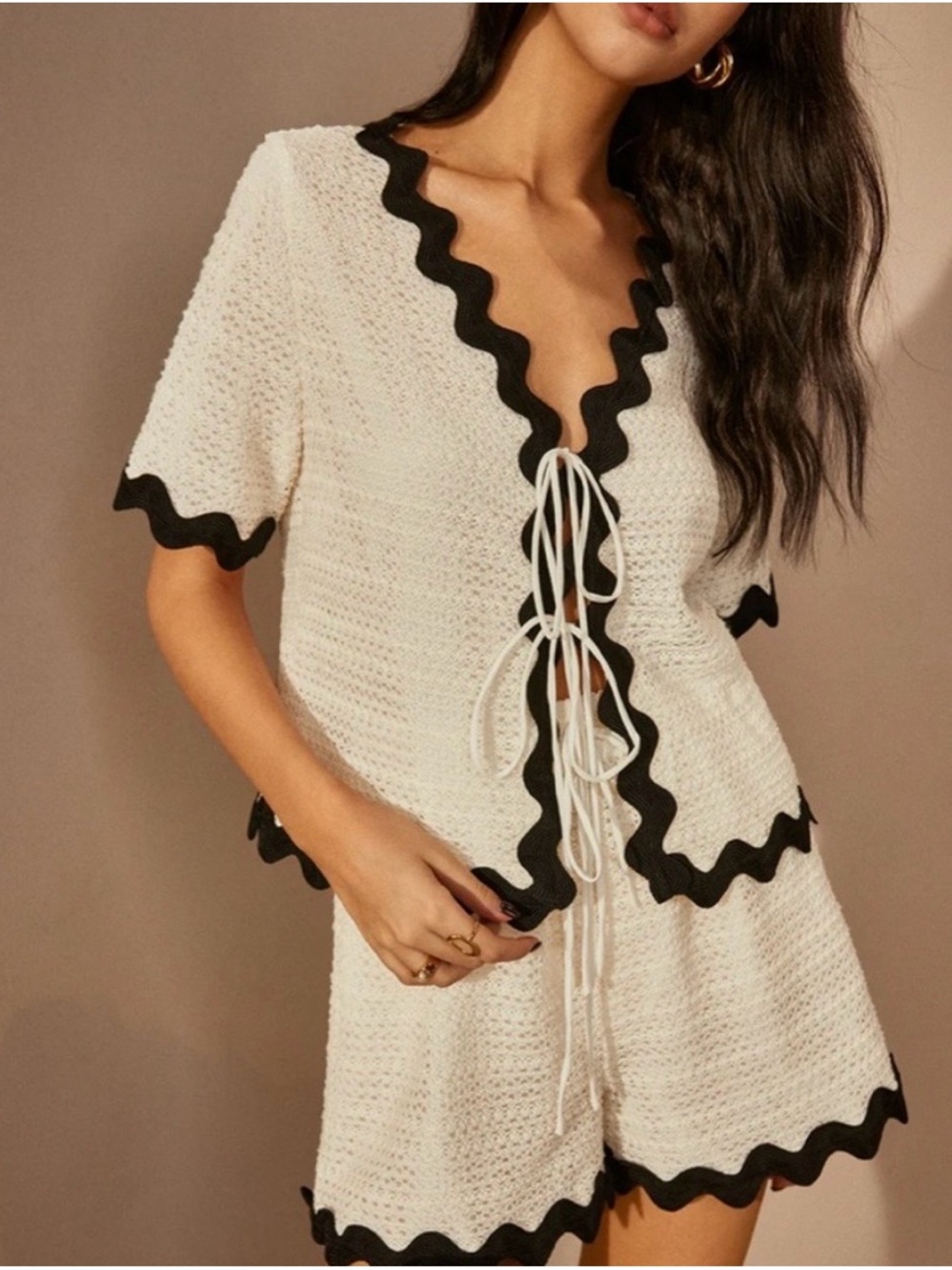 Commense Cream Crocheted Short Set with Black Trim